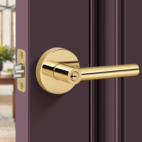 Gaurqiah Serratura per porta d'ingresso con chiavi, leva resistente, maniglia rotonda per porte esterne/interne, leva reversibile per camera da letto o ufficio, finitura in ottone lucido