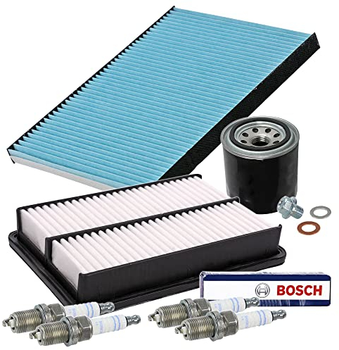 BESTPRICE Inspektionspaket Filterset mit 1x Luftfilter, 1x Innenraumfilter, 4x Zündkerze FR 8 DCX+, 1x Ölablassschraube mit Dichtung Kompatibel mit HYUNDAI TUCSON (JM), KIA SPORTAGE II (JE_, KM)
