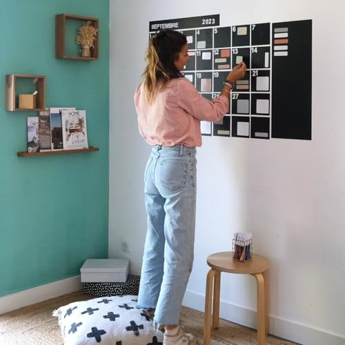 FERFLEX - Calendrier mural magnétique - Planificateur mensuel - Tableau noir effaçable - Décoration d'intérieur - Livré avec 5 carrés magnétiques, 38 rappels et 6 aimants argentés
