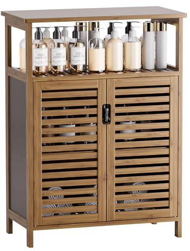 HITNET Badezimmerschrank Walnuss, Badschrank Bambus, Freistehender Badezimmer Aufbewahrungsschrank für Wohnzimmer, Schlafzimmer, Küchen