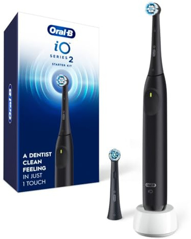 Oral-B Rechargeable Electric Toothbrush, iO2 Starter Kit, 3 Cleaning Modes, Automatic Pressure Sensor to Protect Gums, 2 Brush Heads, Night Black
