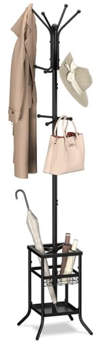 Yoobure Coat Rack Freestanding - Coat Tree with Umbrella Holder, Metal Coat Rack Stand with 12 Hooks, Modern Coat Hanger Stand for Entryway, Purse Rack Hat Rack Stand for Living Room Bedroom Office