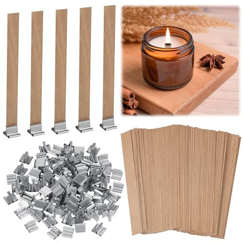 Kssvzz 100 Stück Holzdochte für Kerzen mit 100 Eisenständer, 13 * 130 mm Kerzendocht Holz, Rauchfrei Kerzendochte für Kerzen Holz