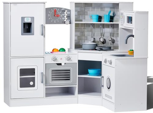 VEVOR Kinderküchen 24-teilig, Eck-Spielküche mit Lichtern & Geräuschen, Kleinkinderküche mit Eismaschine, Backofen, Spüle, Uhr, Mikrowellen, Kühlschrank & Zubehör, für Kleinkinder ab 3 Jahren, weiß