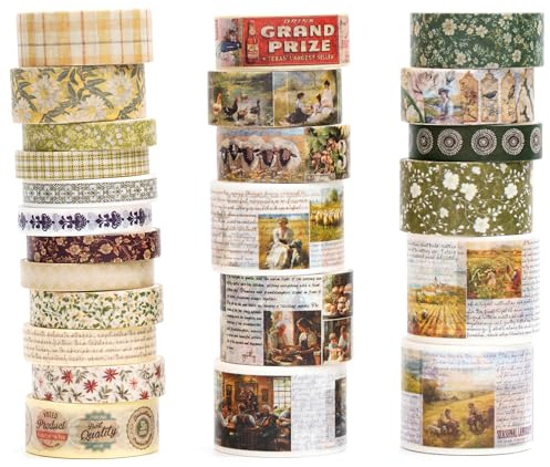 Songdao Retro Washi tejpset, 24 rullar dekorativa antika maskeringstejp vintage tejp färgglada för konst, gör-det-själv-hantverk, dagbok, planerare, scrapbook, förpackning (10 landscharm)