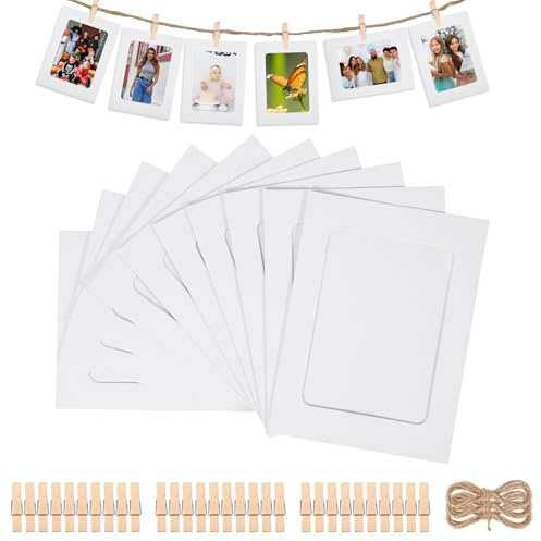 30 Pcs Cardboard Photo Frames for 6x4 Photo Paper, Hanging White Picture Frames with 30 Wooden Clips and 30 Hemp Ropes, DIY Wall Elegant Hanging Picture Mounts for Home, Office, or Party Decoration