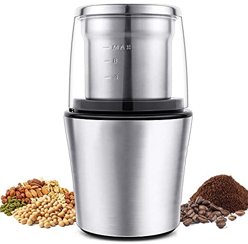 Molinillo de café eléctrico con cuchilla de acero inoxidable, silencioso, potente motor de 22000 RPM, recipiente extraíble, capacidad de 75 g, para especias, pimienta, hierbas, frutos secos y cereale