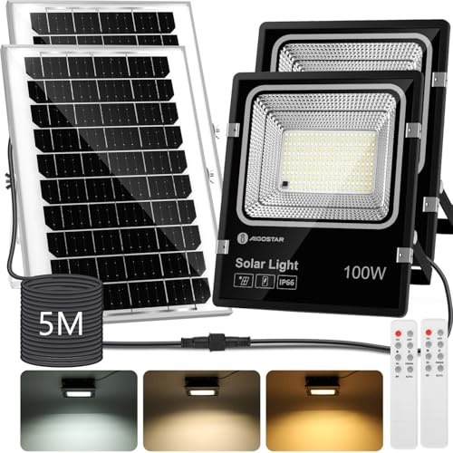 Aigostar - Faro led esterno con grande pannello solare,cavo 5M,dimmerabile 3000/4000/6500K,8000mAH,Batteria di grande capacità,Faretto led da esterno solare con telecomando e timer,IP66,2 Pezzi