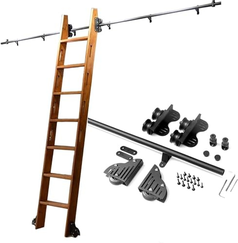 Kit hardware nero per libreria, scala scorrevole per biblioteca, sistema di libreria a rullo resistente, con ruote da pavimento, binario di prolunga da 2 m per una facile installazione