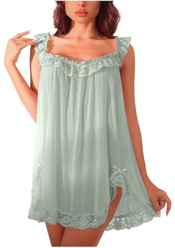 Vestido de mujer camisón sin mangas tirantes sexy babydoll vestido de noche vestido de dormir manga larga encaje estilo victoriano camisón dulce cómodo falda larga ropa de dormir, O Verde Claro, S
