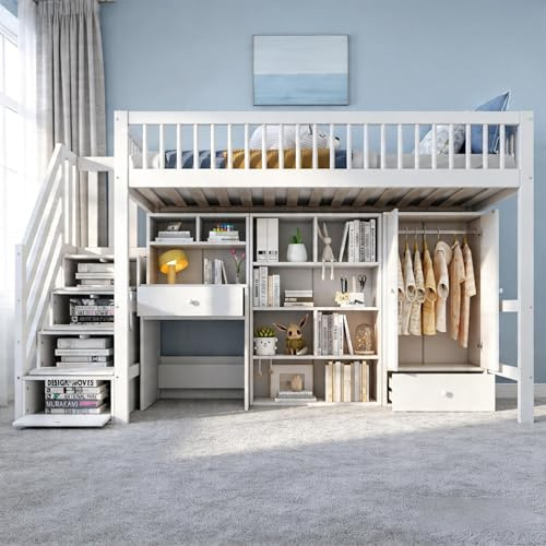 Su & Chan Legence High Sleeper Bed with Desk, Loft Bed with Wardrobe, Kids Single Bed with Storage Stairs and Shelves, Wooden Slatted Frame, No Mattress, 90 x 190cm, White