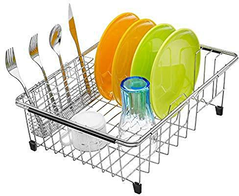 iPEGTOP Dish Sink Drainer, Dish Drying Rack Over Sink, Extendable Dish Drainer with Removable Cutlery Holder, Dish Rack in Sink or On Counter, Plate Rack Drainer for Kitchen