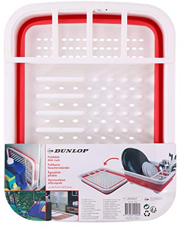 Dunlop Geschirrabtropfer faltbar, zusammenfaltbarer Geschirr Abtropfständer für die Küche, Abtropfgestell mit Besteck-Halter und Tellerständer, Kunststoff (Rot)