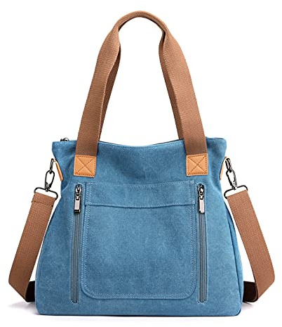 FANDARE Retro Handtaschen Leinwand Schultertasche Damen Umhängetasche Frauen Arbeitstasche für 12.9 Zoll Tablet Shopper Reisen Crossbody Messenger Bag Blau