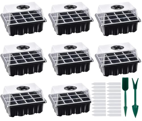 Lostwry 8 Pièces Mini Serre pour Semis, 96 cellules Serre Interieur Plateaux de Culture Semis Bacs à Semis Kit de Germination Interieur avec Couvercle pour Plantes Tomate, Noir
