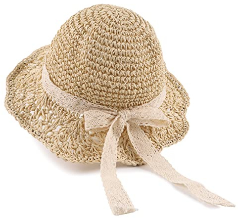 Baby Girl Straw Hat 3-6 Years Girls Summer Beach Hats with Bowknot Sun Protection Hats for Kids (Beige)