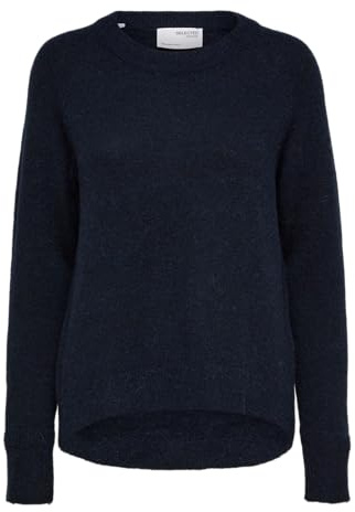 Damen Selected Rundhals Strickpullover Lockerer Feinstrick Wollpullover SLFLULU Sweater, Farben:Dunkelblau, Größe:M