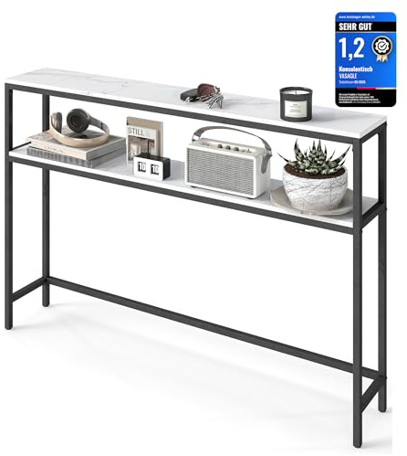VASAGLE konsolbord, smalt soffbord med 2 hyllor, 20 x 120 x 80 cm, hallbord, 2 nivåer, för hall, vardagsrum, sovrum, marmorvit och bläcksvart LNT133W59