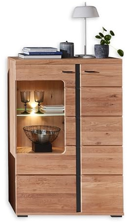 Vitrine in Altesche massiv, Old Artisan Oak Optik FSC-Zertifiziert - Moderner Vitrinenschrank mit LED-Beleuchtung und viel Stauraum - 90 x 134 x 38 cm (B/H/T)