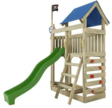 Outgarden Spielturm Klettergerüst Captain Snappy aus KDI-Holz | Spielhaus mit grüner Rutsche | Sandkasten, Leiter, Kletterwand & Podesterweiterung | Outdoor Stelzenhaus für Kinder | 275 x 229 x 258 cm