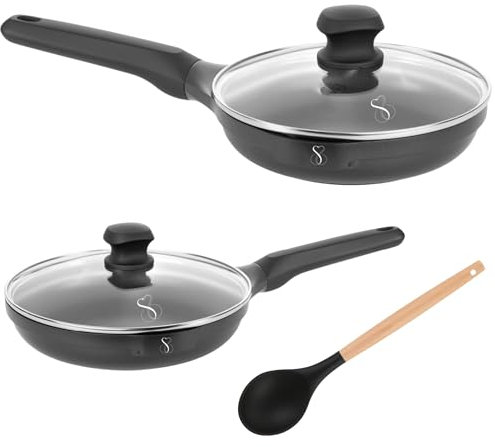 Stone&Stone Lot de 2 poêles 20 cm 24 cm extrêmement anti-adhésives | Gaz Induction | Poêle professionnelle en aluminium et acier avec revêtement allemand + 2 couvercles 1 cuillère | sans PFAS