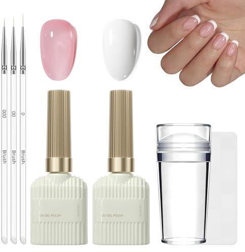 DMQ French Manicure Kit, Jelly Pink White Gel Nail Polish Set, French Gel Polish Set with Nail Stamper and Ultra Thin Nail Art Pen, Long Lasting Soak Off UV/LED for Women Home DIY Nail Salon