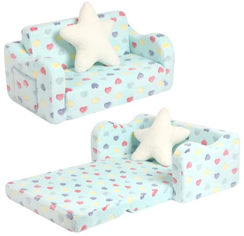 BestRoyal Extra Wide Seating Toddler Couch, 2-in-1 Convertible Toddler Chair to Lounger with Star Pillow