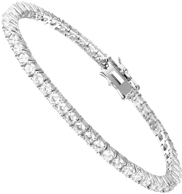 DOJUTI 18K White Gold Plated 3mm Round CZ Classic Tennis Bracelet for Women and Men Diamond Chain Sizes 8 Inches 4 Prong