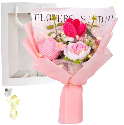 KBIBCK Bouquet de fleurs artificielles, Artificielles au crochet fait à la main en peluche, Bouquet de Tulipestricotés pour la fête des mères, Fleur Cadeau Femme