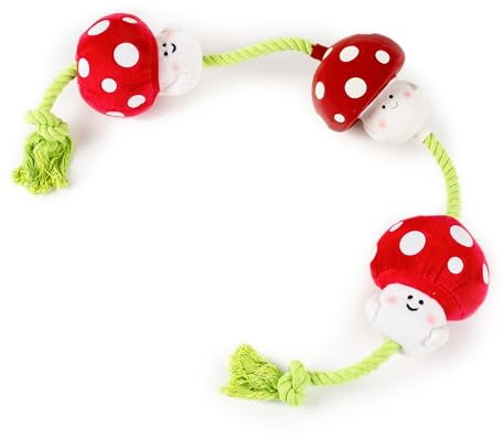 Fuzzl Tugga Magic Shrooms Dog Toy 75cm - Rope Latex and Plush Dog and Puppy Throw Fetch and Tug with Squeaker Mushrooms Enrichment