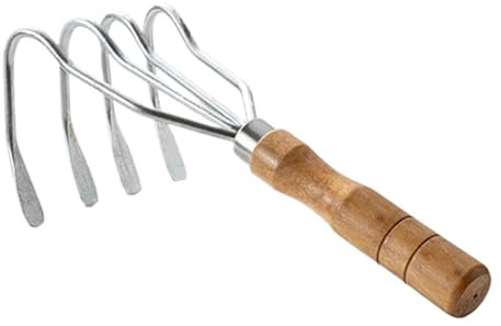 Rastrello a mano con manico in legno, raschietto a 4 denti per vongole da spiaggia, manico in legno, rastrello multifunzione portatile per campeggio, lago, cortile, paesaggistica, roccia, prato