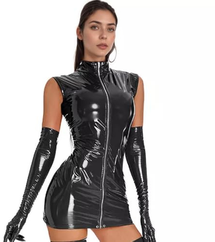 PARUPRUP Donna Sexy Pelle Cerniera Frontale Mini Vestito Latex Wetlook Bobycon Dress Festa Hot Clubwear Elasticità (Nero, L)