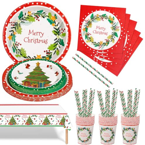 Nkaiso 101 Pièces Vaisselle en Papier de Noël, Jetable Ensemble Assiettes en Papier, Verres, Serviettes et Nappe à Motifs Festifs - Décoration de Fête Thématique Pour 20 Invités