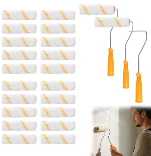 BXUUXA Set Rulli per Pittura Piccolo in Poliestere 10x4cm 60 Rulli + 3 Manici Rullo di Ricambio per Pittura per Angoli Bordi e Zone Difficili Finitura Precisa Senza Macchie per Pareti Porte Soffitti