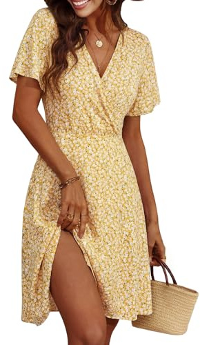 Cicy Bell Vestido de verano para mujer, largo hasta la rodilla, manga corta, cuello en V, estampado floral, vestido midi, línea A, vestido informal