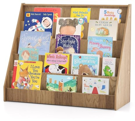 GOPLUS Barnbokhylla, 5-stegs barnhylla med djupa fack, Montessori barnbokhylla, tidningsställ, förvaringshylla, barnhylla för vardagsrum, barnrum, dagis (natur)