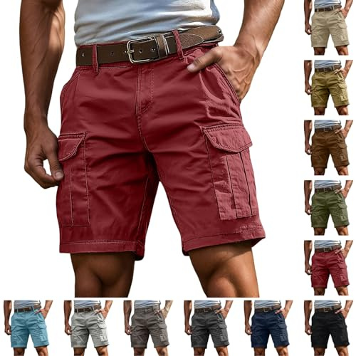 Generisch Short cargo pour homme - Short d'été avec plusieurs poches - Pantalon d'extérieur classique - Couleur unie - Short de sport - Pantalon de loisirs pour homme