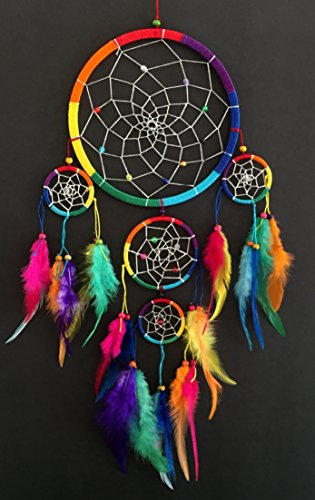 OMA Rainbow Chakra Dream Catcher Wall Decor – Handcrafted Dream Catcher with Multicolor Tie Dye Feathers for Bedroom, Living Room, Dorms & Gift – 7 Diameter x 22 Long
