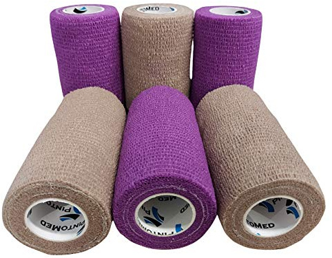 PintoMed - BENDAGGIO COESIVO 3 VIOLA + 3 BEIGE garza elastica, 6 rotoli x 10 cm x 4.5 m autoadesiva flessibile bende, qualità professionale, primo soccorso - Wrap Cohesive Bandage- Confezione da 6