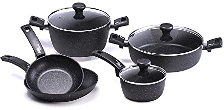 Moneta Etnea Batteria Professional Set da 8 Pezzi, 2 Padelle da 20 e 26 cm, Pentolino 1 Manico 16 cm, Pentola Grande 24 cm 2 Manici, Tegame 28 cm, Coperchi da 16, 24 e 28 cm, Bordo Inox