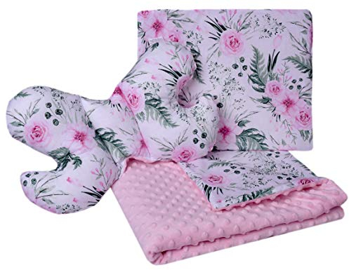 Medi Partners Juego de Manta para bebé 3en1 100% Algodón Manta de Gateo Minky 55x75 + Almohada Plana de 35x30cm y Almohada antichoque Mariposa