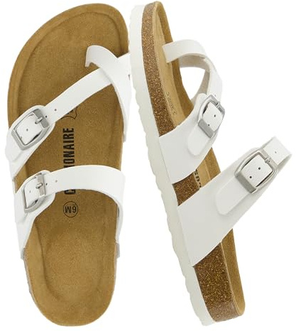 CUSHIONAIRE Luna Sandals for Women, Cork Footbed Womens Sandals for Summer Comfort with Adjustable Straps, Wide Width Available, WHITE 9