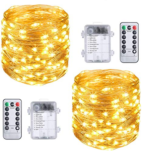 Vicloon Lichterkette Batterie, 2 Stück 10M 100 LED Lichterkette mit Fernbedienung und Timer, 8 Modi Außenbeleuchtung Wasserdichte IP65, Warmweiß Innen Lichterketten für Weihnachten,Schlafzimmer, Party