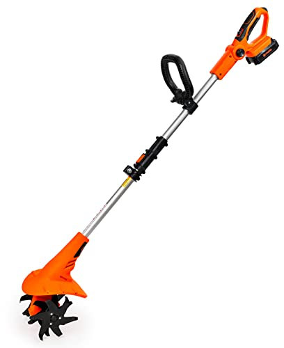 Ukoke Cordless Tiller Cultivator 20V 2.5 A Battery 280 max RPM Powered Tiller Cultivator, w/24 Steel Blade Cultivate Max Tilling 5'' deep Path by 7.8'' Wide, Orange, ST1902