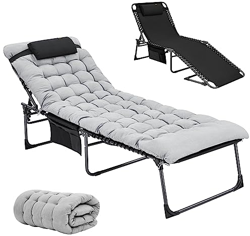 KingCamp Übergroß Campingliege Sonnenliege mit Auflage Baumwolle Gartenliege Camping Klappbett mit Verstellbarem Rückenteil und Kopfkissen für Garten Urlaub Outdoor bis 150kg