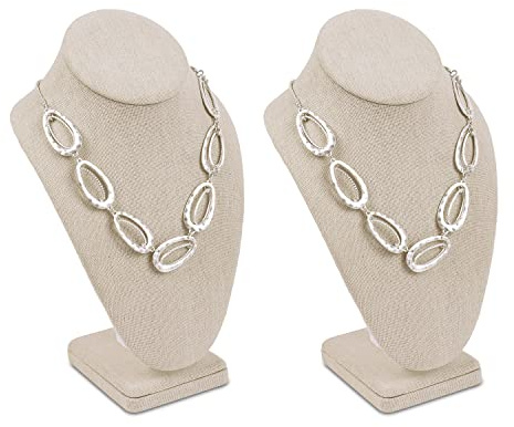MOOCA 2 Pcs Linen Covered Wood Jewelry Display Necklace Chain Jewelry Bust Display Holder Stand, Necklaces Mannequin, 6 3/8 W x 4 1/4 D x 10 H in, Tan Linen