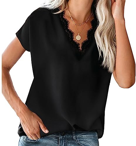 Bipily Femme Chemises en Dentelle à col en V décontracté Manches Courtes V-Neck Lace Blouse-Noir-M