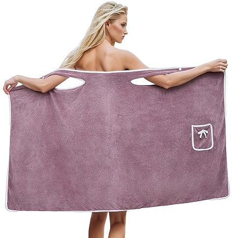 PAIDAXING Toalla de baño para mujer, con tirantes, forro polar, absorbente, de secado rápido, con bolsillo, para adultos, playa, spa, sauna, caqui, Talla única