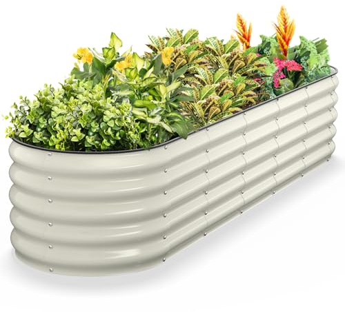 Kesfitt Raised Garden Bed, Metal Galvanized Steel Oval Garden Bed 8x2x1.5 ft with 18-Inch Deep Open-Bottom Design for Outdoor Vegetable Gardening, Pearl White
