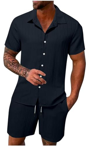 HAOLEI Mens Cotton Linen Shorts and Shirt Sets UK Sale Clearance Tracksuit Set Summer Co Ord Sets Short Sleeve Button Down Shirts & Shorts with Pockets 2 Piece Outfits Vacation Beach Wedding Suits